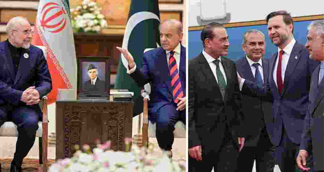 Iran’s Parliament Speaker Mohammad Bagher Ghalibaf (left) meets Pakistan Prime Minister Shehbaz Sharif in Islamabad, while US Vice President JD Vance is received by Army Chief Asim Munir and Deputy Prime Minister Ishaq Dar upon arrival for high-stakes US-Iran talks (R).