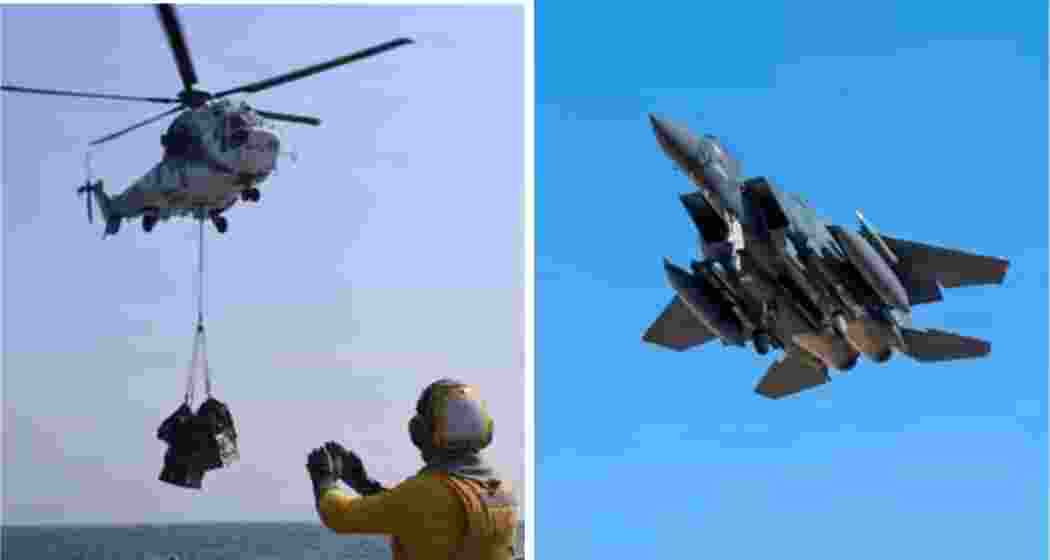 A US F‑15E fighter jet (R), reportedly downed over central Iran, was being searched for by US C‑130 Hercules transport aircraft and Black Hawk helicopters (L) as crews hunted for the missing pilots.