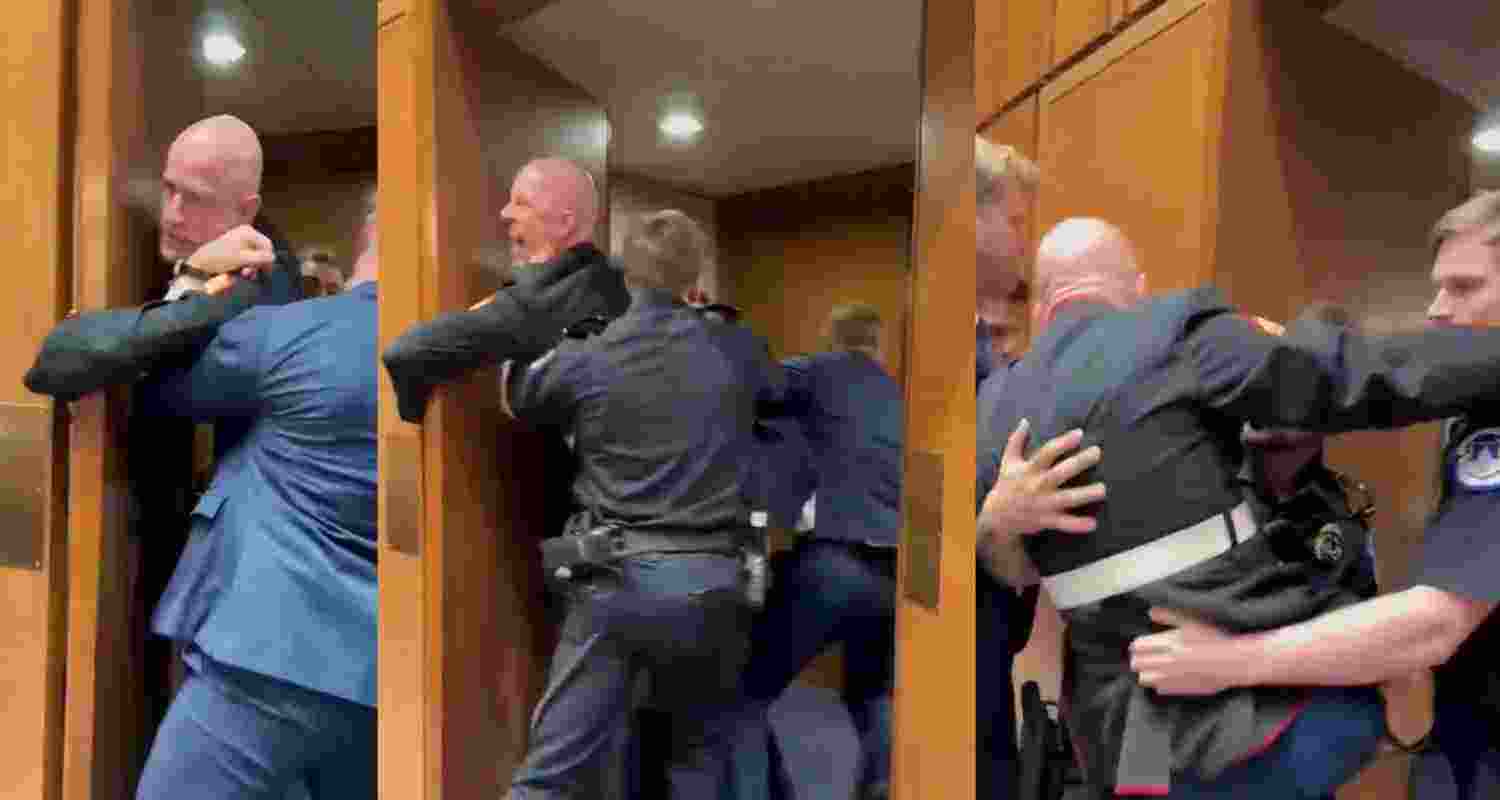 Protester Brian McGinnis injured in scuffle at Senate hearing amid rising anti-war protests over the escalating US-Iran conflict and criticism of the Trump administration.