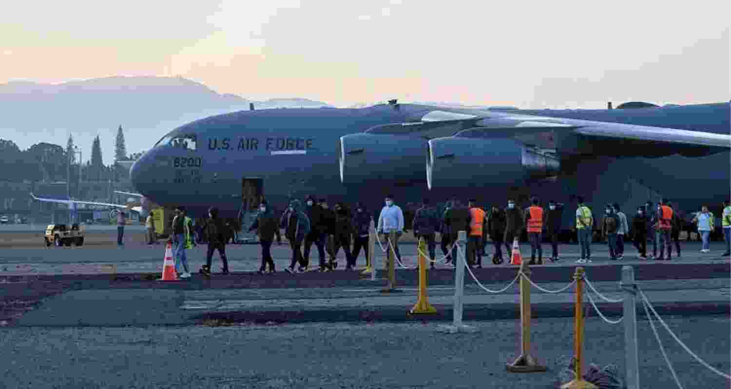US military aircraft carrying Indian deportees that landed at the Shri Guru Ramdas Ji International Airport, in Amritsar, on Wednesday. Image: X