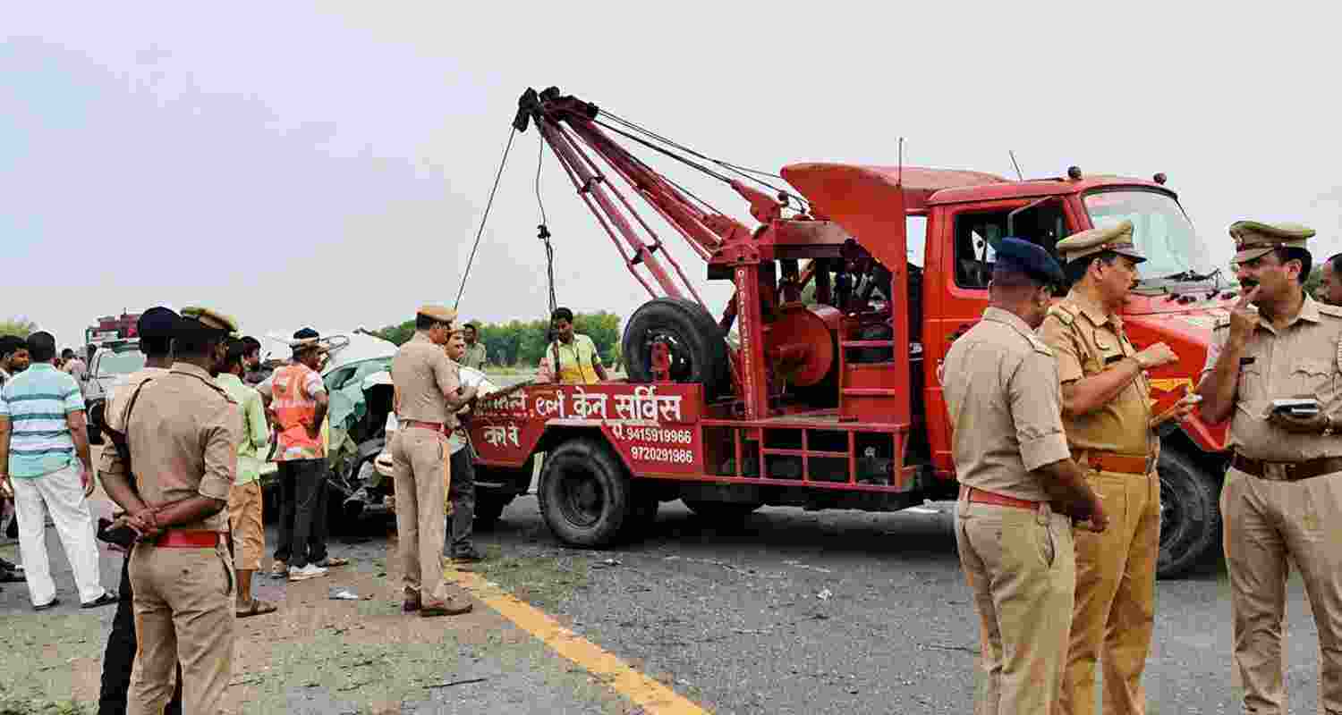 Five people, including two children, were killed and eight injured after a sleeper bus collided with a car and fell off the Agra-Lucknow Expressway in Unnao.