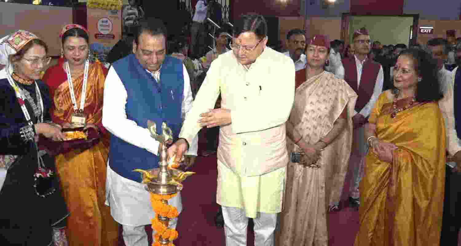 Uttarakhand Chief Minister Pushkar Singh Dhami inaugurating the Pravasi Uttarakhand Sammelan in Dehradun.
