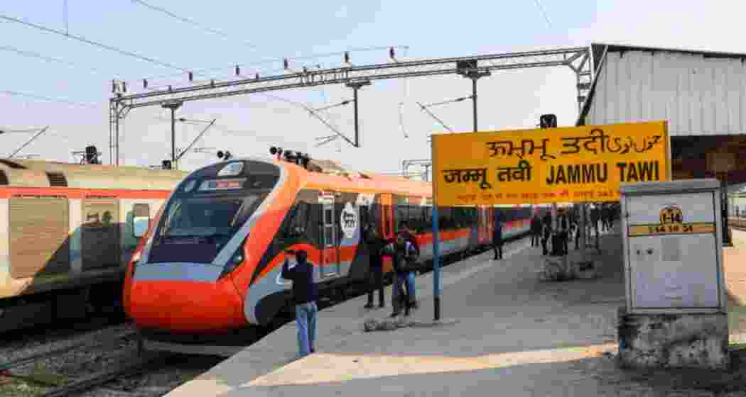 The Kashmir-bound Vande Bharat Express arrives at Jammu’s Tawi railway station, marking a historic moment ahead of its scheduled operations between Mata Vaishno Devi Katra and the Kashmir Valley.