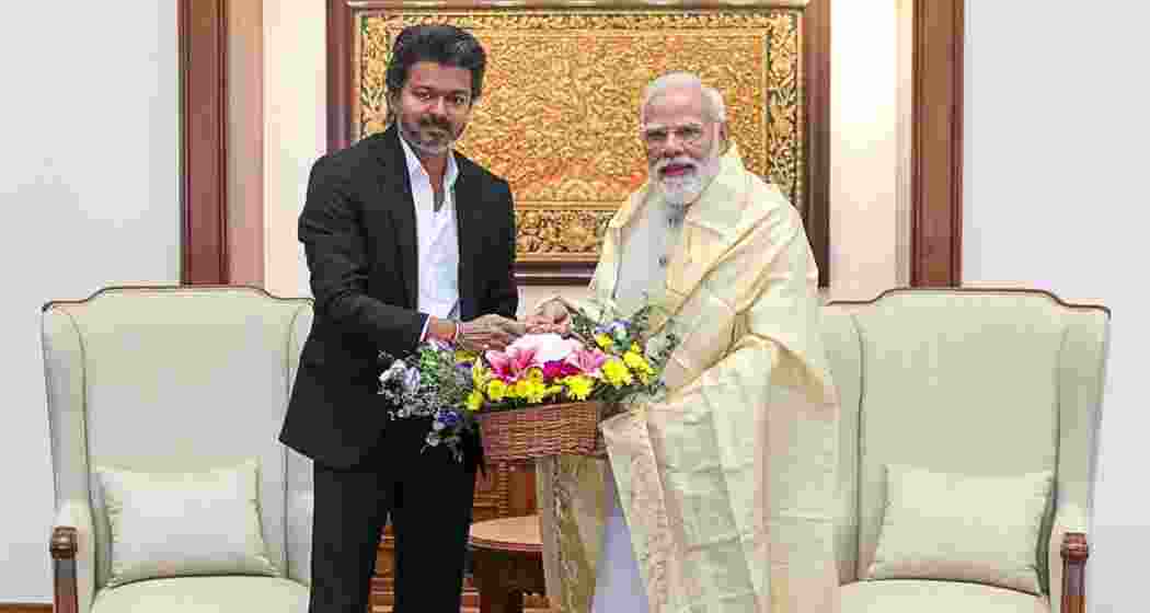 Tamil Nadu Chief Minister C Joseph Vijay (L) with Prime Minister Narendra Modi (R) in New Delhi on Wednesday.