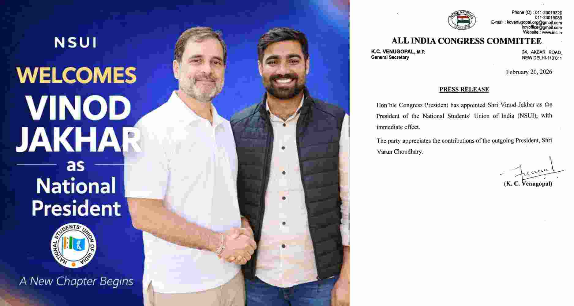 AICC appoints Vinod Jakhar as NSUI national president with immediate effect; Mallikarjun Kharge approves student wing reshuffle.