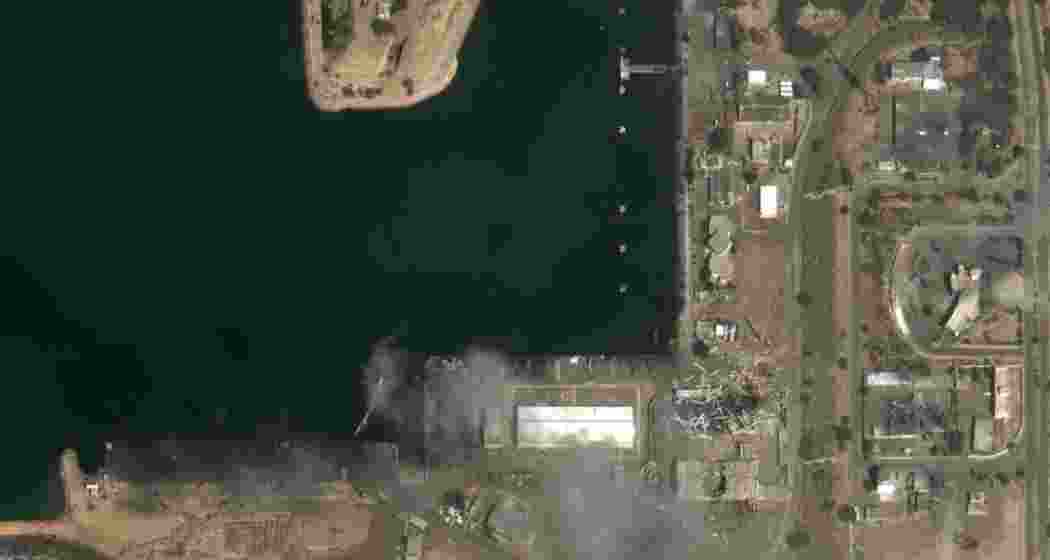 This satellite image provided by Vantor shows a view of damaged Konarak Naval base in Iran on Wednesday.