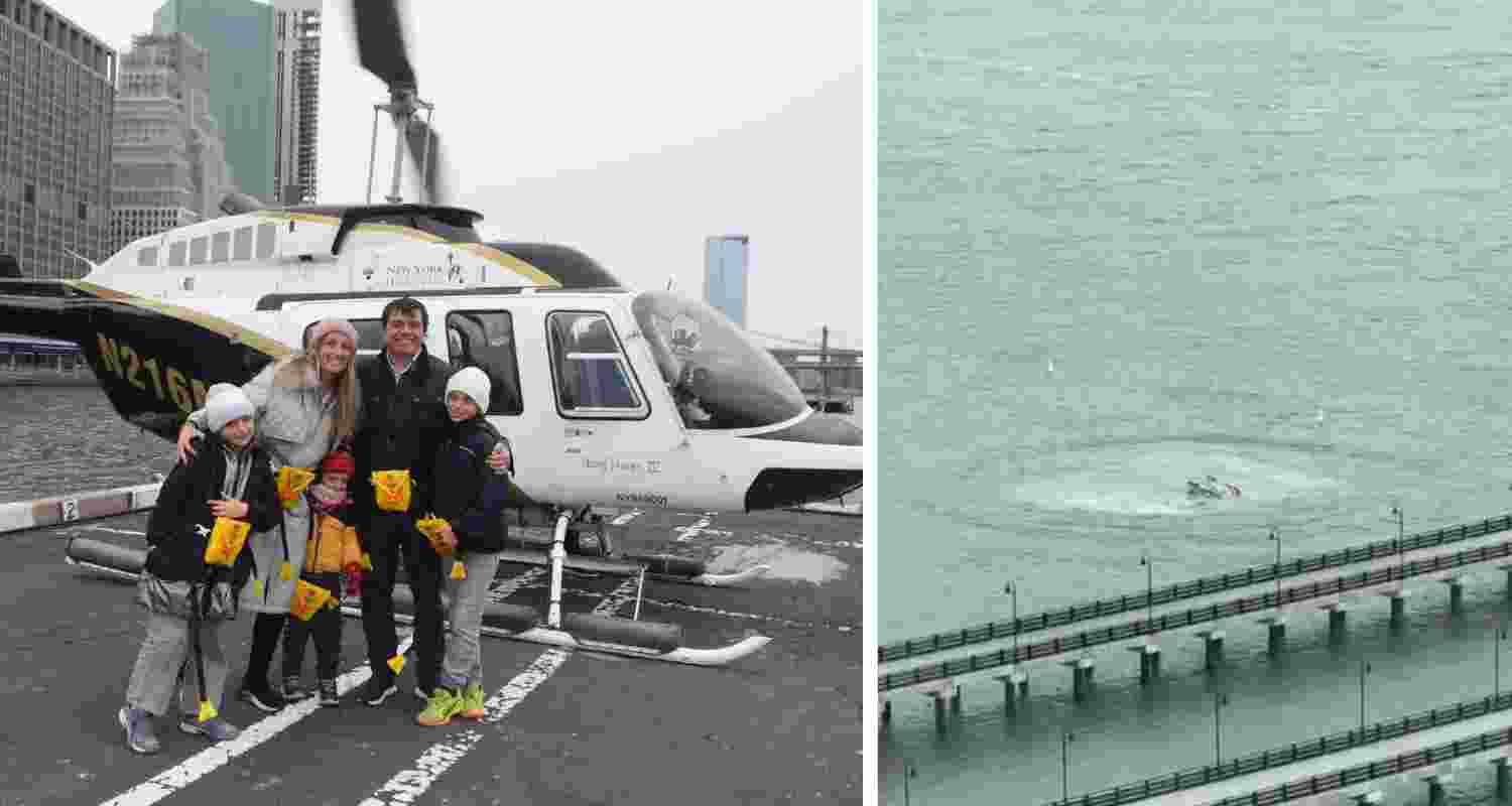 The family of Siemens Spain’s CEO (left) and the wreckage at the Hudson River crash site (right), where a tourist helicopter crash claimed all six lives on board.