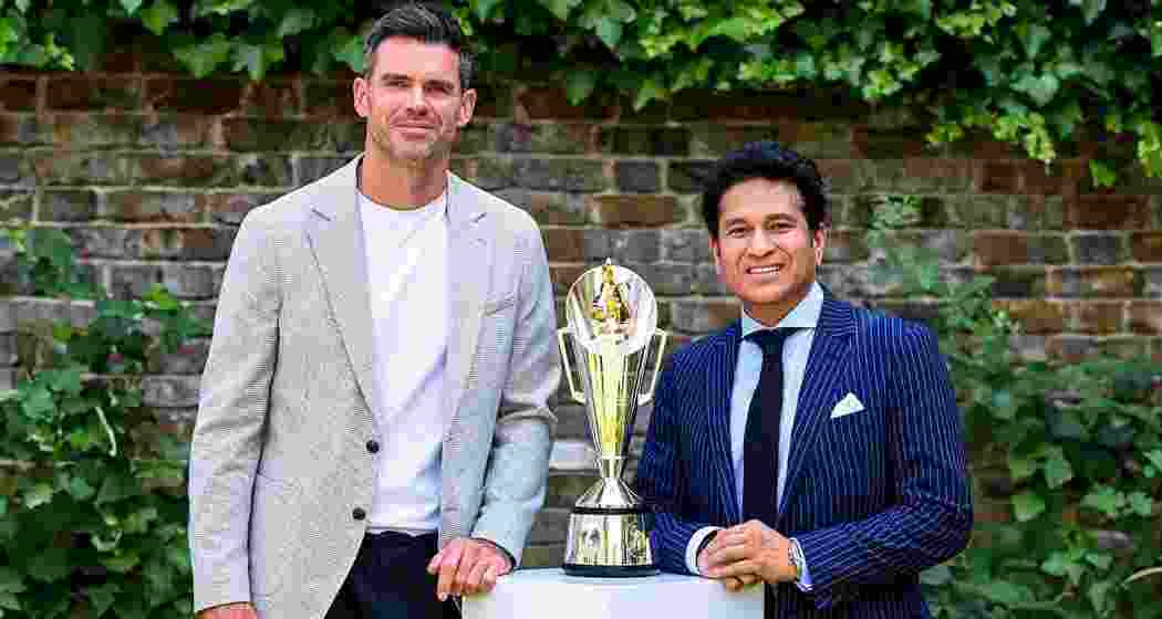 Former Test cricketers Sachin Tendulkar of India and James Anderson of England posing with the renamed Anderson-Tendulkar trophy at Lord's cricket ground in London. The series opener begins at Leeds on June 20.