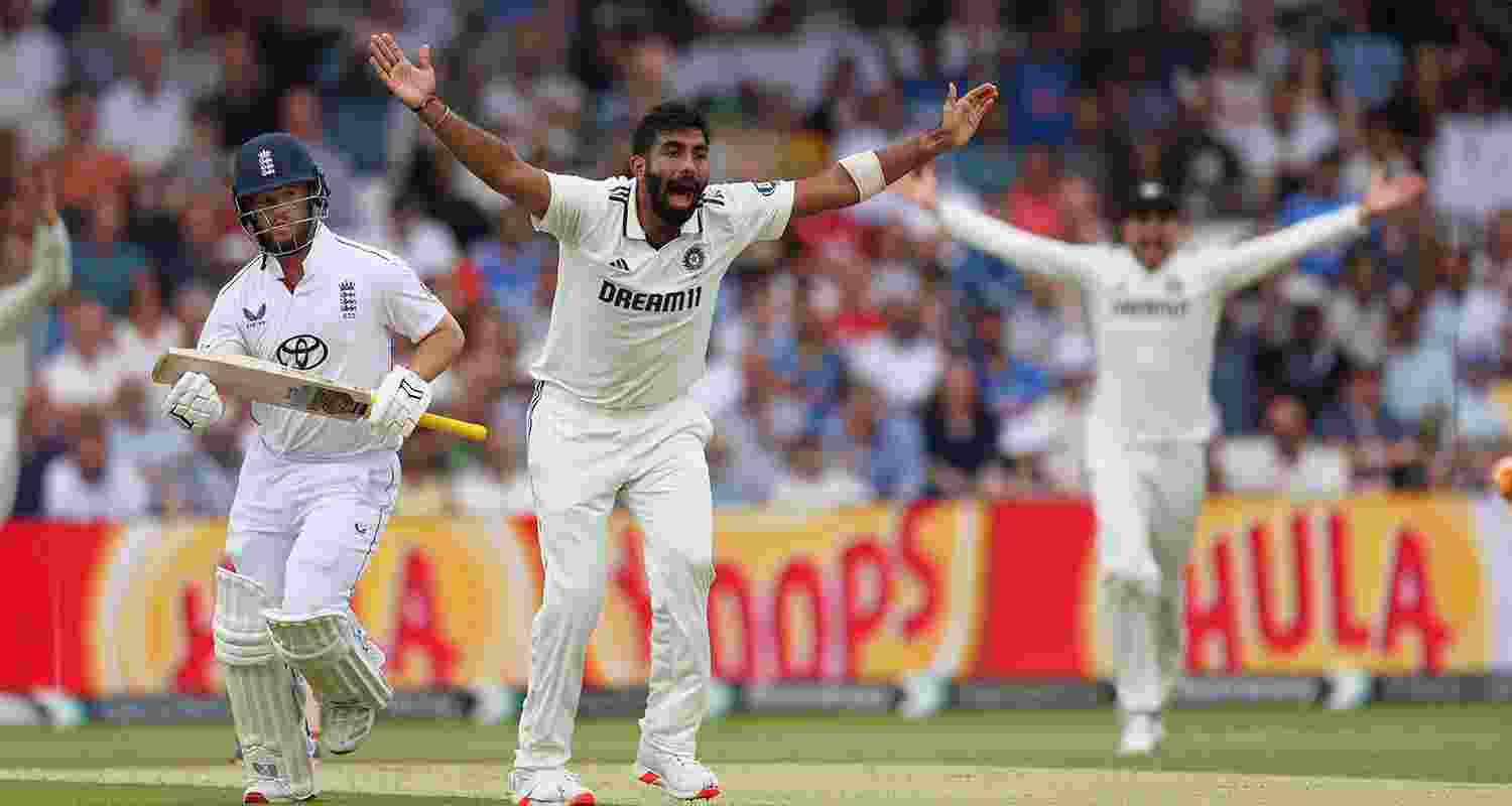 Jasprit Bumrah appeals unsuccessfully for the wicket of England’s Ben Duckett (left) on the second day of the first Test match between England and India at Headingley in Leeds on Saturday.