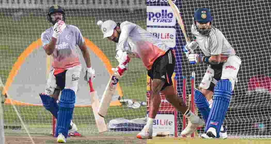 Rohit Sharma, captain KL Rahul and Virat Kohli during a practice session ahead of the first ODI against South Africa in Ranchi.