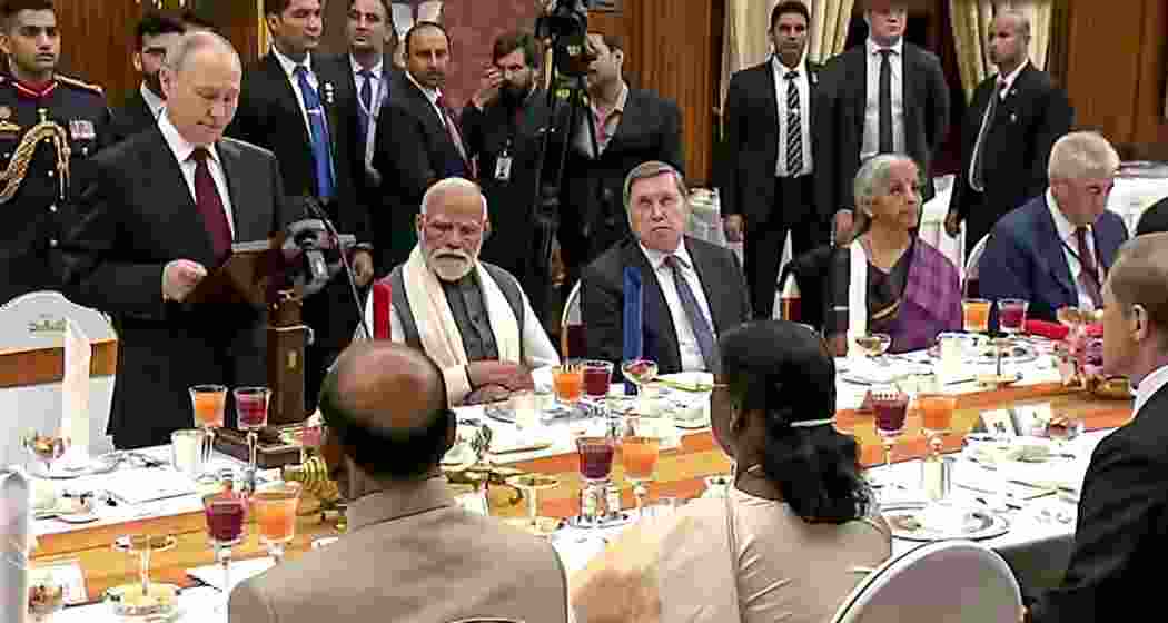 Prime Minister Narendra Modi with Russian President Vladimir Putin during a state reception in New Delhi on Friday.