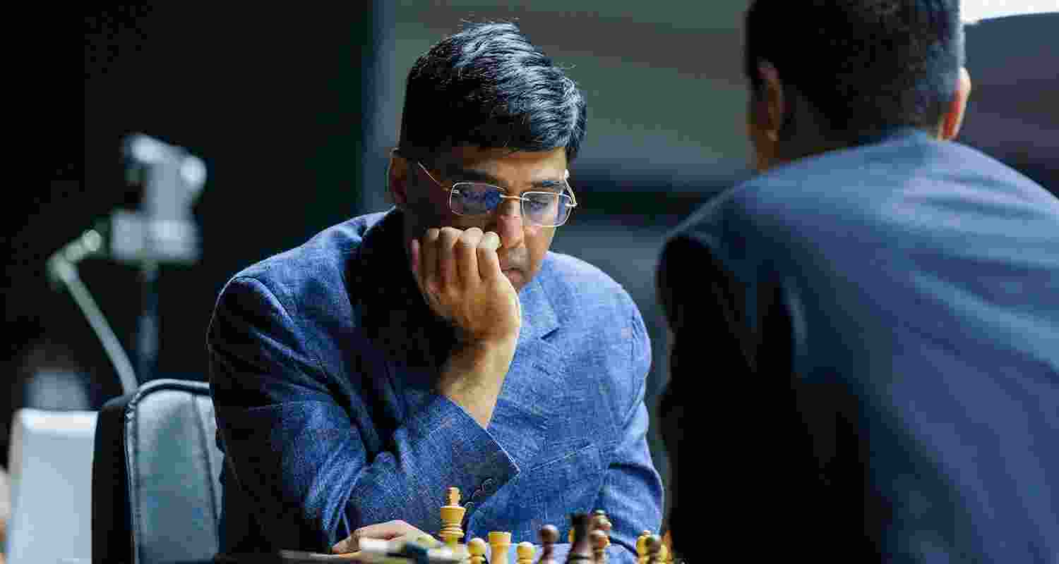 Veteran Indian Grandmaster Viswanathan Anand (left) during a match at the Tata Steel Chess India 2026 Rapid and Blitz Open tournament in Kolkata on Wednesday.