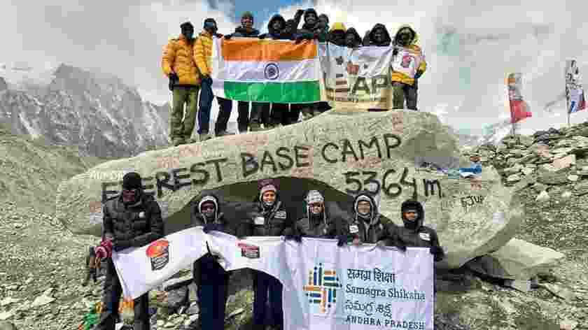 Specially abled students from Andhra Pradesh at Everest Base Camp after completing the trek, marking a historic first for a government-supported inclusive expedition.