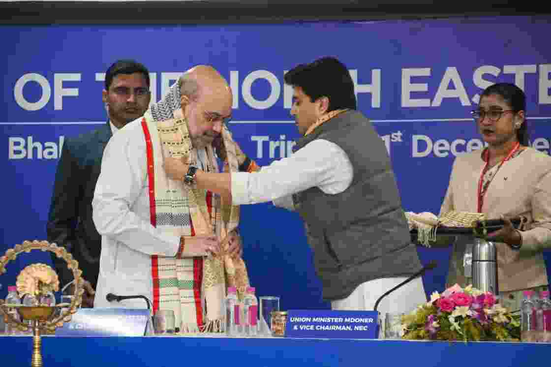 Jyotiraditya Scindia greets Union Home Minister Amit Shah during a previous North Eastern Council (NEC) meeting.