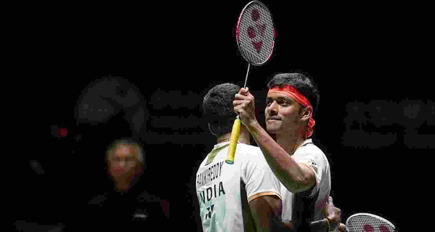 Satwiksairaj Rankireddy and Chirag Shetty celebrating after reaching the final of the China Masters Super 750 tournament on Saturday.