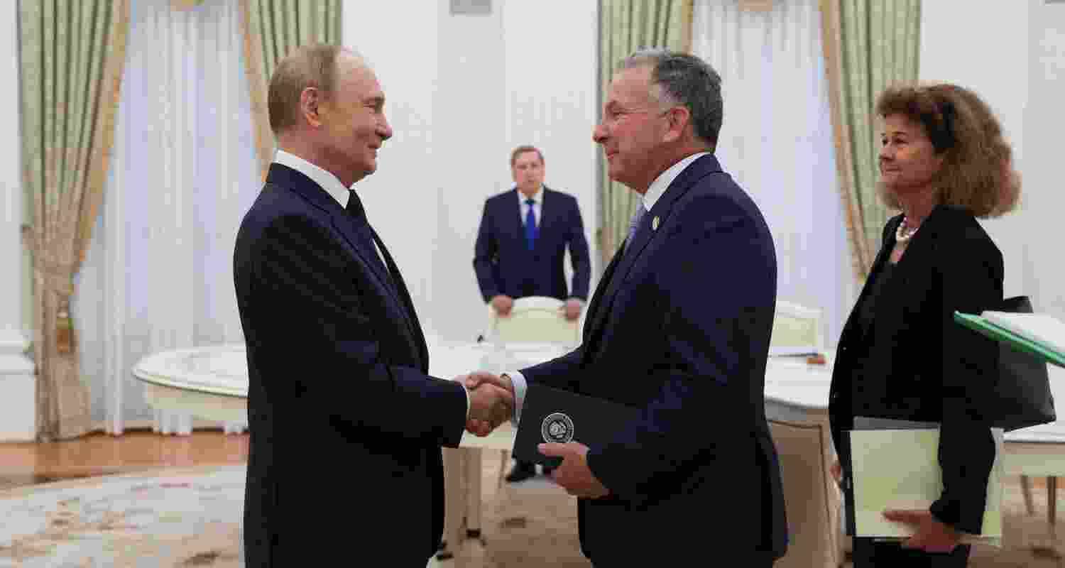 Vladimir Putin met the US special envoy Steve Witkoff (right) on Wednesday. Trump had set a deadline for a deal by Friday.