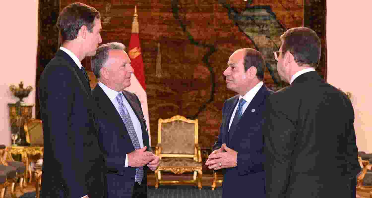Egyptian President Abdel-Fattah el-Sissi (second right) meets with U.S. Special Envoy to the Middle East Steve Witkoff (second left) and Jared Kushner (left) at the Presidential Palace in Cairo, Egypt.