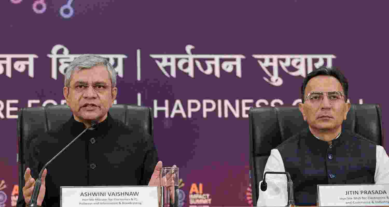 Union Minister for Electronics and Information Technology Ashwini Vaishnaw (left) and Union Minister of State Jitin Prasada during a press conference on the sidelines of India AI Impact Summit in New Delhi on Tuesday.