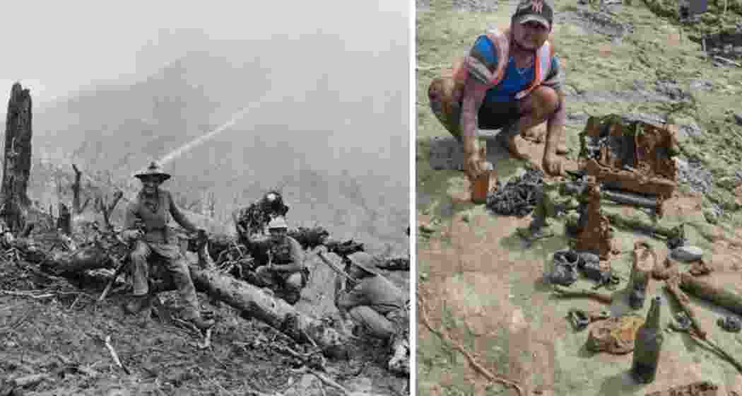 (Left) Soldiers pose during World War II. Unearthed WWII relics near Langthabal, Imphal West, include shell cases, bottles and a grenade—believed to date back to the 1944 Battle of Imphal fought against advancing Japanese troops (Right).
