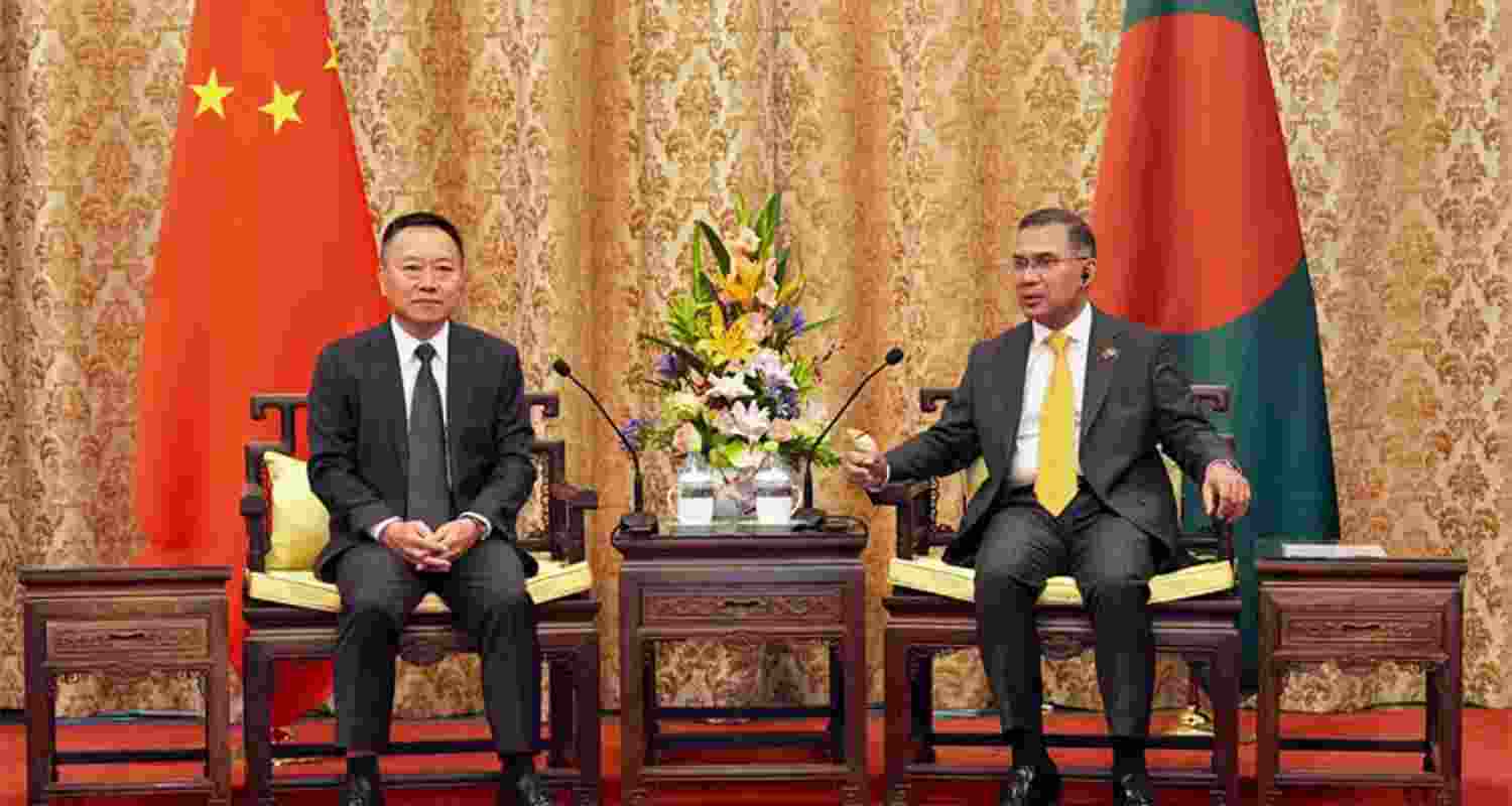 Bangladesh Prime Minister Tarique Rahman with Chinese Water Resources Minister Li Guoying during their meeting in Beijing.