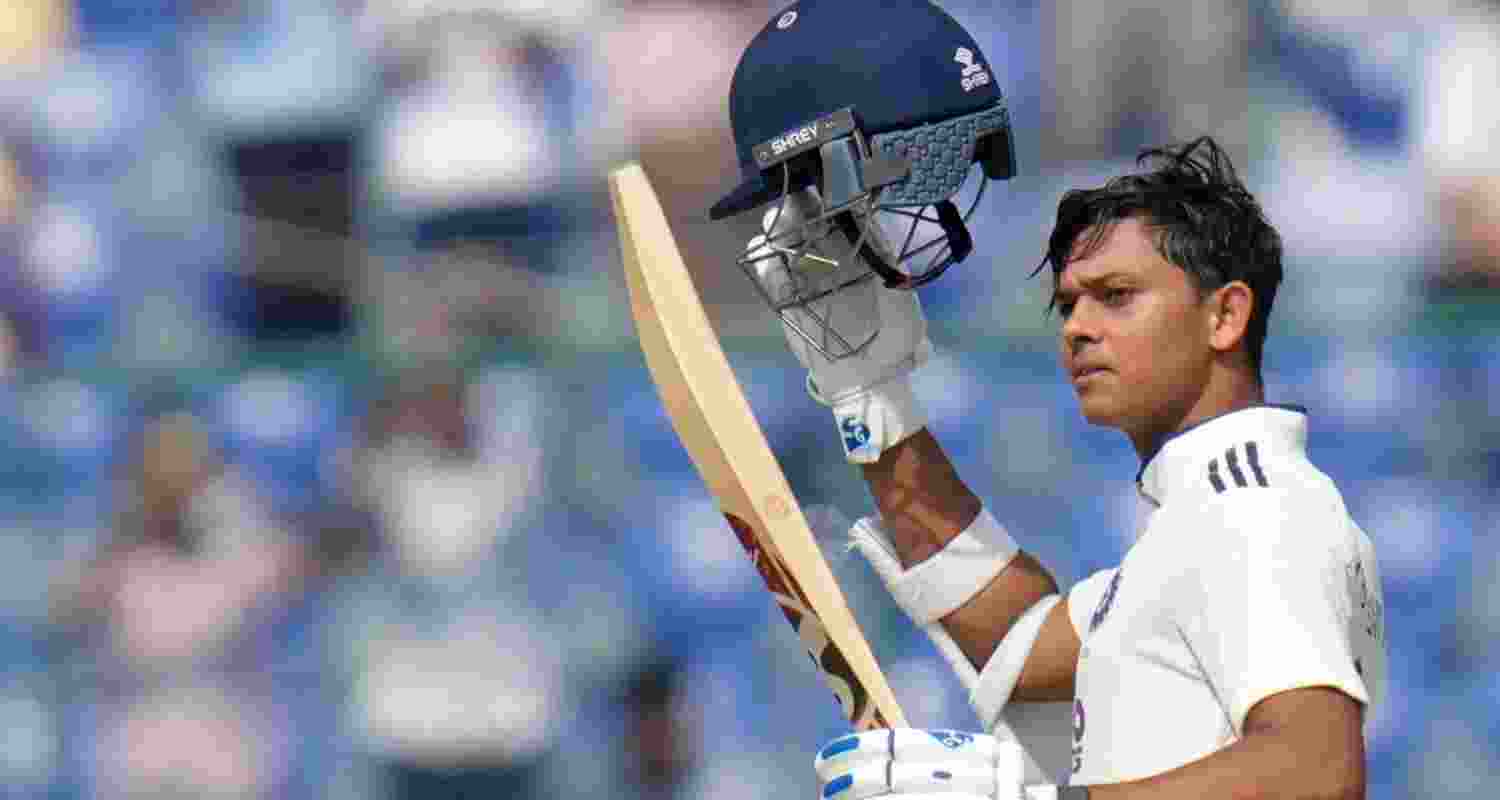 Opener Yashasvi Jaiswal raising his bat after scoring a fluent century in New Delhi on Friday.