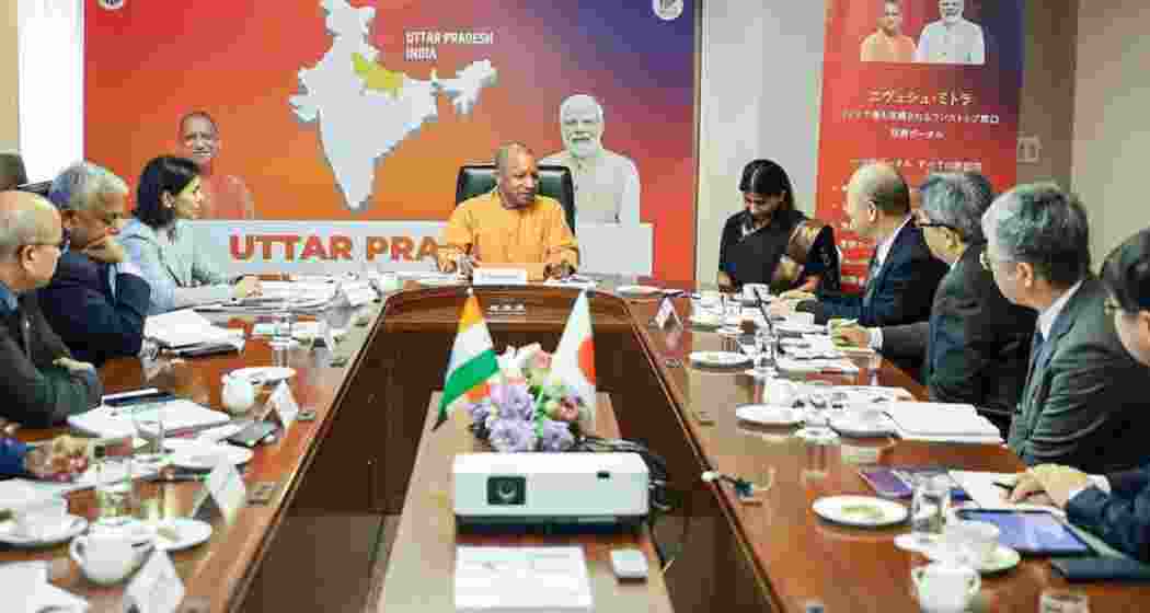 Uttar Pradesh Chief Minister Yogi Adityanath with Konoike Transport Company Senior Managing Executive Officer Konoike Shigeki Tanabe and others during a meeting, in Japan on Wednesday. 