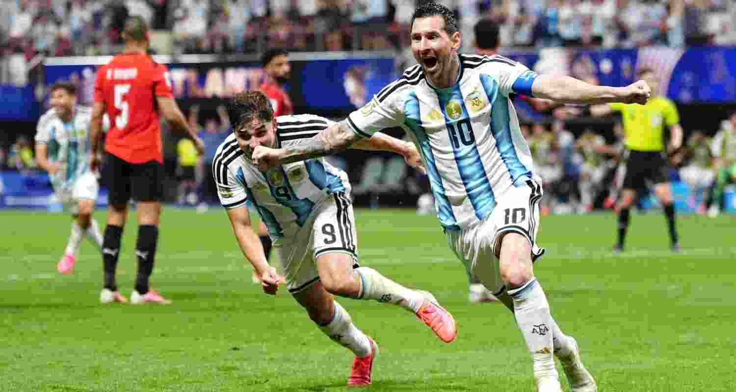 Argentinian forward Lionel Messi celebrating after scoring the equaliser against Egypt in their Round of 16 match.