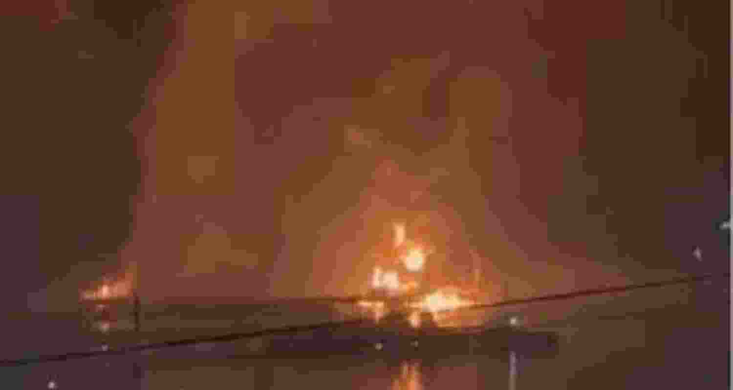 A fire triggered by a Ukrainian drone attack on Russia's Sheskharis oil terminal and depot.