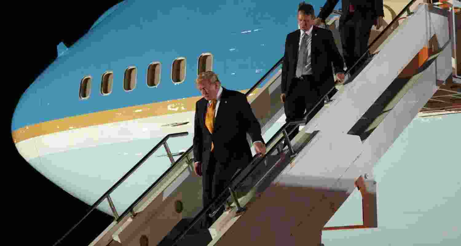 US President Donald Trump switches planes at US Air Force Base, RAF Mildenhall, England on his way back to Washington from the NATO summit in Ankara, Turkey.