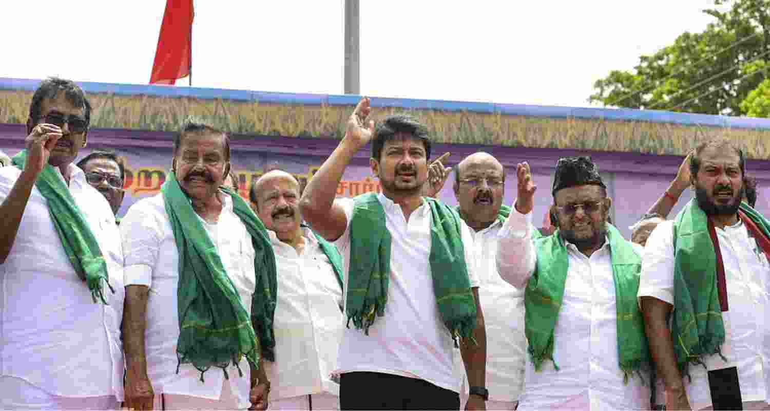 Leader of Opposition in the Tamil Nadu Legislative Assembly and DMK youth wing secretary Udhayanidhi Stalin (centre), along with leaders of the party’s alliance partners, staging a protest against the Mekedatu Dam construction project.