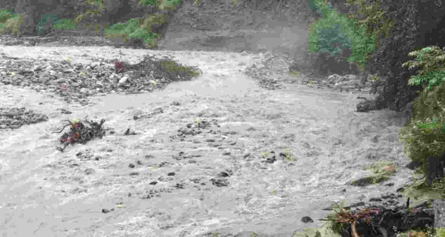 A flashflood in Koot panchayat of Rampur subdivision in Shimla district on Thursday. A flashflood in Koot panchayat of Rampur subdivision in Shimla district on Thursday.