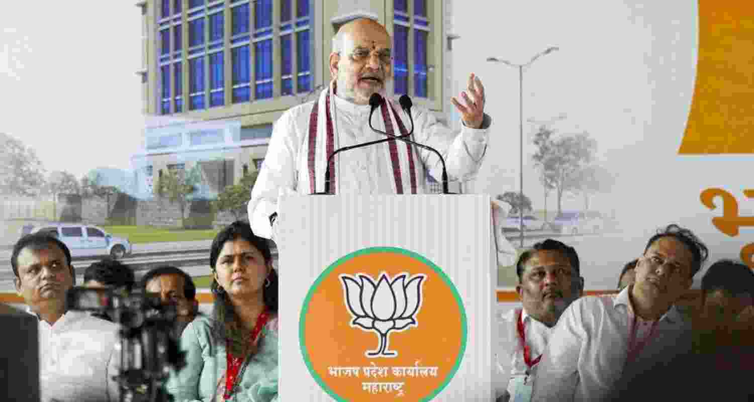 Union Home Minister Amit Shah speaks during the foundation stone laying ceremony of the new headquarters of BJP's Maharashtra unit, in Mumbai on Monday. Union Home Minister Amit Shah speaks during the foundation stone laying ceremony of the new headquarters of BJP's Maharashtra unit, in Mumbai on Monday.