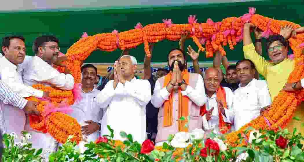 JD(U) chief Nitish Kumar during a poll campaign as his party announces its second and final list of 44 candidates, alongside leaders of LJP (Ram Vilas) and RLM. JD(U) chief Nitish Kumar during a poll campaign as his party announces its second and final list of 44 candidates, alongside leaders of LJP (Ram Vilas) and RLM.