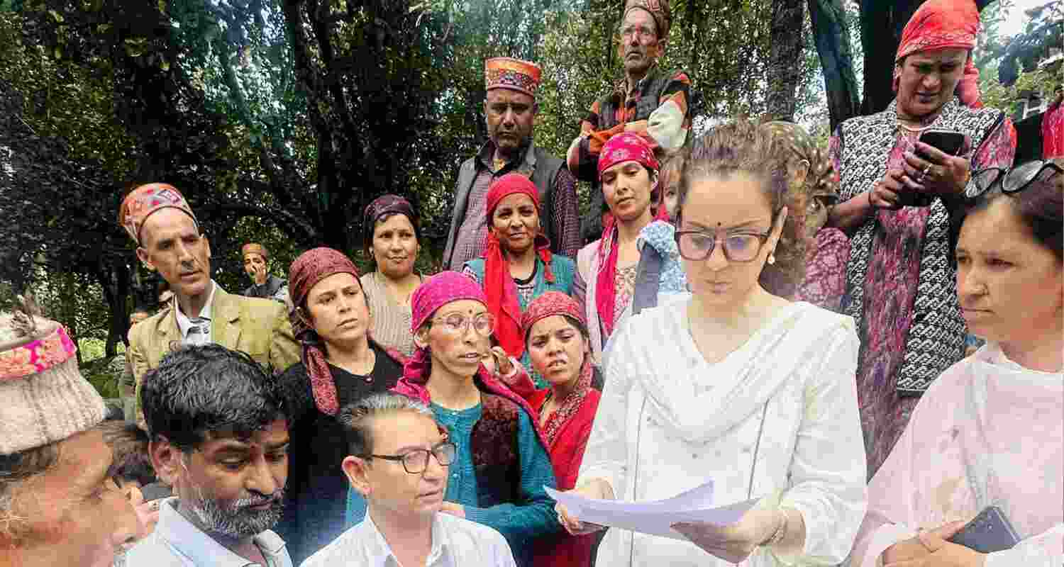 Bollywood actor and BJP MP from Mandi, Kangana Ranaut, visits a rain-hit area in Manali. Bollywood actor and BJP MP from Mandi, Kangana Ranaut, visits a rain-hit area in Manali.