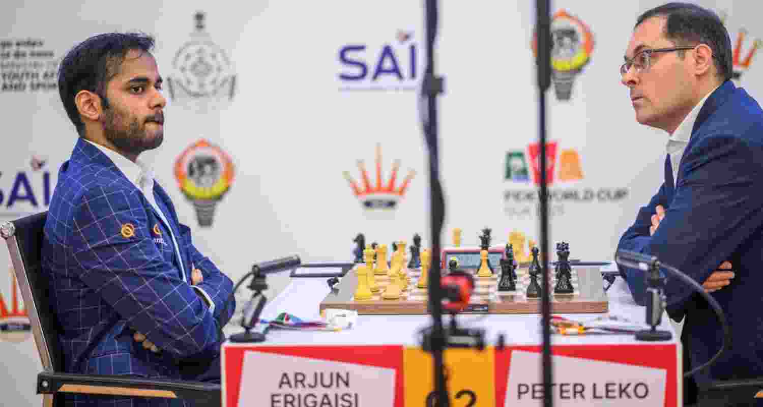 Grandmaster Arjun Erigaisi and GM Peter Leko during their second game of Round 4 at the FIDE World Cup chess tournament in Panaji on Wednesday. Grandmaster Arjun Erigaisi and GM Peter Leko during their second game of Round 4 at the FIDE World Cup chess tournament in Panaji on Wednesday.