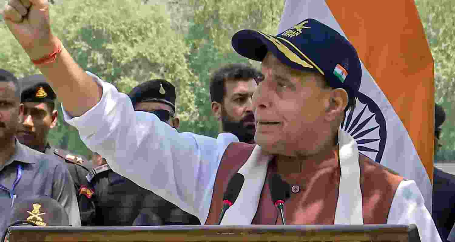 Defence Minister Rajnath Singh addresses security forces at Badami Bagh Cantt, in Srinagar on Thursday. Defence Minister Rajnath Singh addresses security forces at Badami Bagh Cantt, in Srinagar on Thursday.