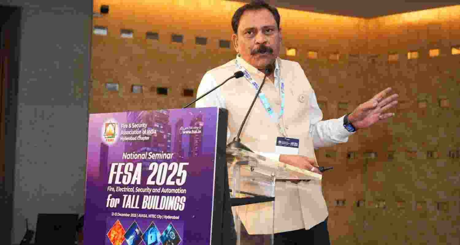 V Srinivas Valluri, National President, Fire & Security Association of India (FSAI), addresses the gathering at the FESA 2025 National Seminar in Hyderabad, highlighting FSAI’s mission to strengthen fire and life-safety standards across India’s fast-growing tall-building sector. V Srinivas Valluri, National President, Fire & Security Association of India (FSAI), addresses the gathering at the FESA 2025 National Seminar in Hyderabad, highlighting FSAI’s mission to strengthen fire and life-safety standards across India’s fast-growing tall-building sector.