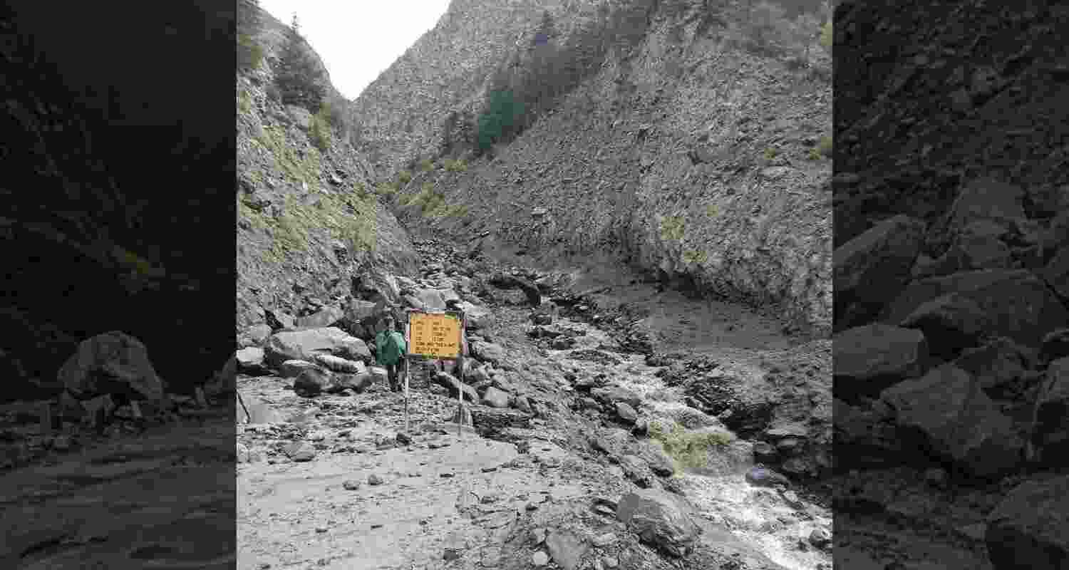 Flashfloods damaged an irrigation system at Shansha village in Lahaul and Spiti. Flashfloods damaged an irrigation system at Shansha village in Lahaul and Spiti.