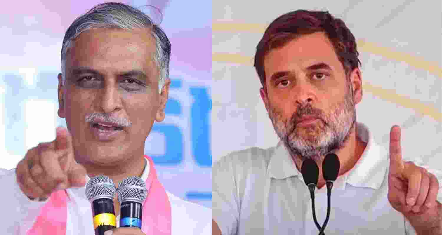 Bharat Rashtra Samithi leader and former Minister T Harish Rao (left) and Congress MP Rahul Gandhi. Bharat Rashtra Samithi leader and former Minister T Harish Rao (left) and Congress MP Rahul Gandhi.