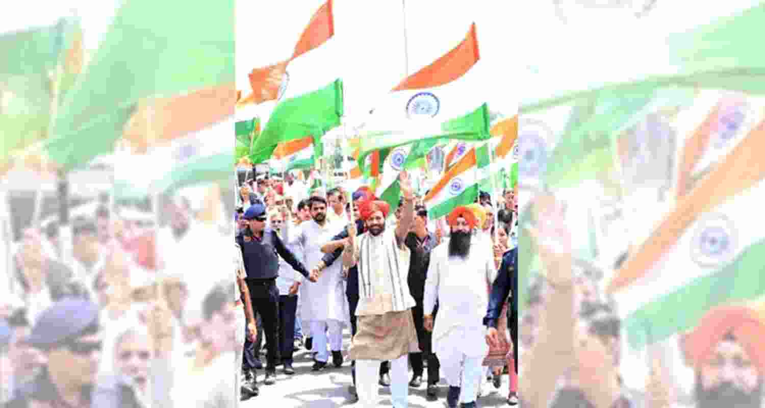 Haryana Chief Minister Nayab Singh Saini during a Tiranga Yatra on Wednesday. Haryana Chief Minister Nayab Singh Saini during a Tiranga Yatra on Wednesday.
