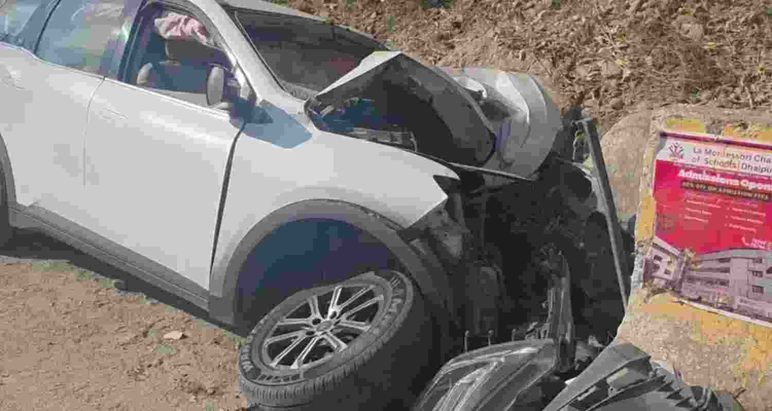 The damaged car at the accident site near Babeli on the Kullu–Manali road, where three Delhi tourists were killed after the vehicle hit a pole and parapet. The damaged car at the accident site near Babeli on the Kullu–Manali road, where three Delhi tourists were killed after the vehicle hit a pole and parapet.