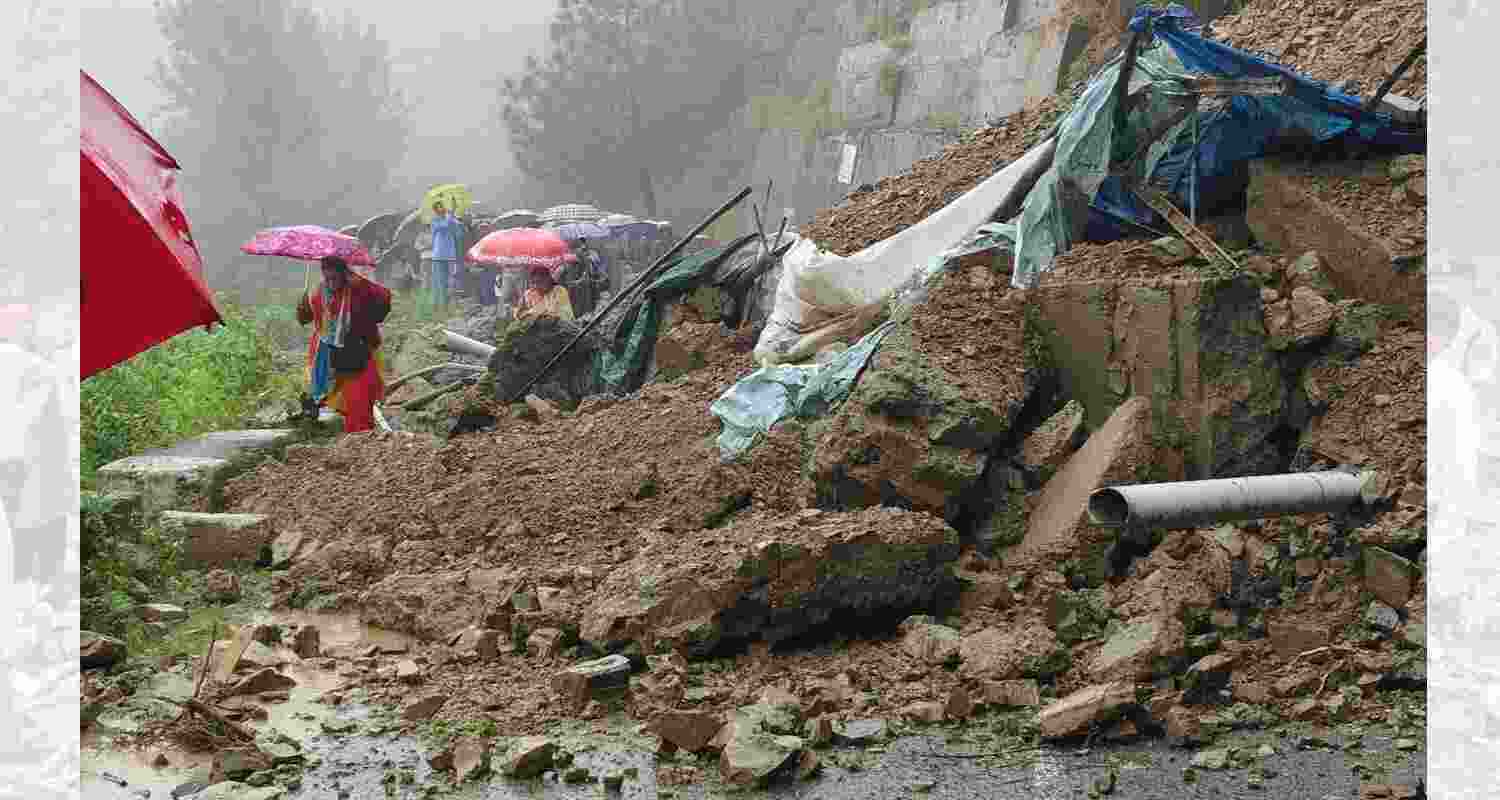 Heavy rain triggers landslides, blocks key roads in Solan on Monday. Heavy rain triggers landslides, blocks key roads in Solan on Monday.