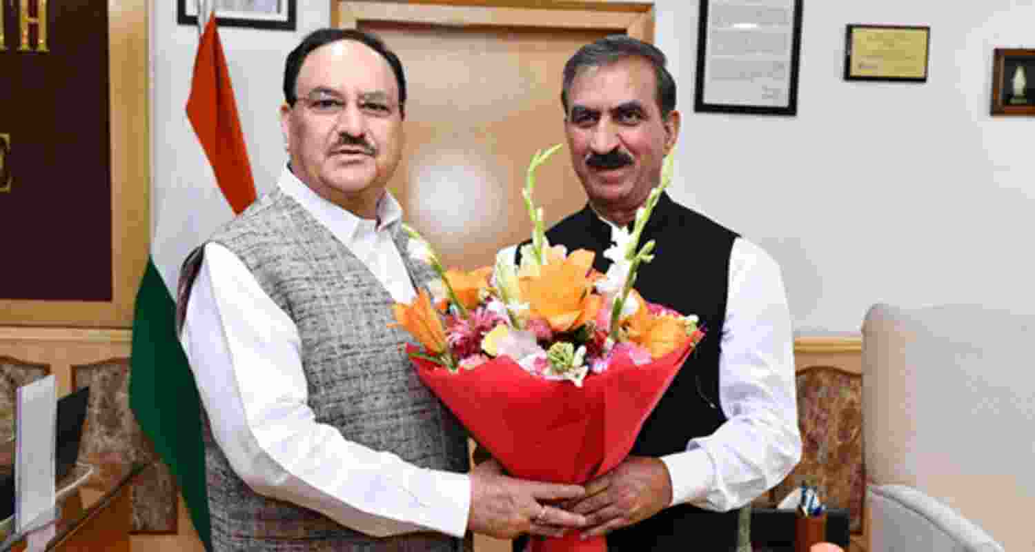 Himachal Pradesh Chief Minister Sukhvinder Singh Sukhu during a meeting with Union Health and Family Welfare Minister JP Nadda in New Delhi on Thursday. Himachal Pradesh Chief Minister Sukhvinder Singh Sukhu during a meeting with Union Health and Family Welfare Minister JP Nadda in New Delhi on Thursday.