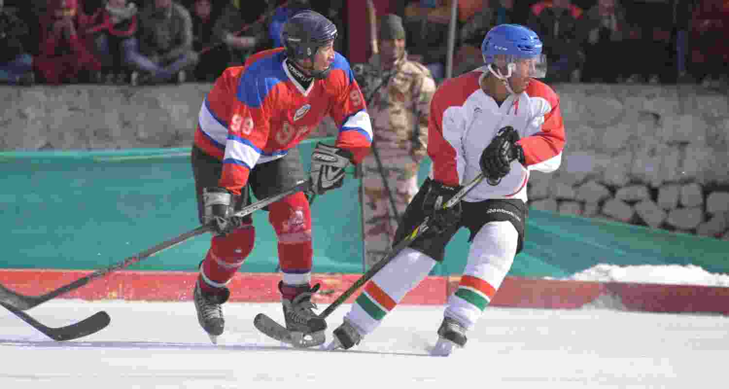 A game of ice hockey in Ladakh. A game of ice hockey in Ladakh.