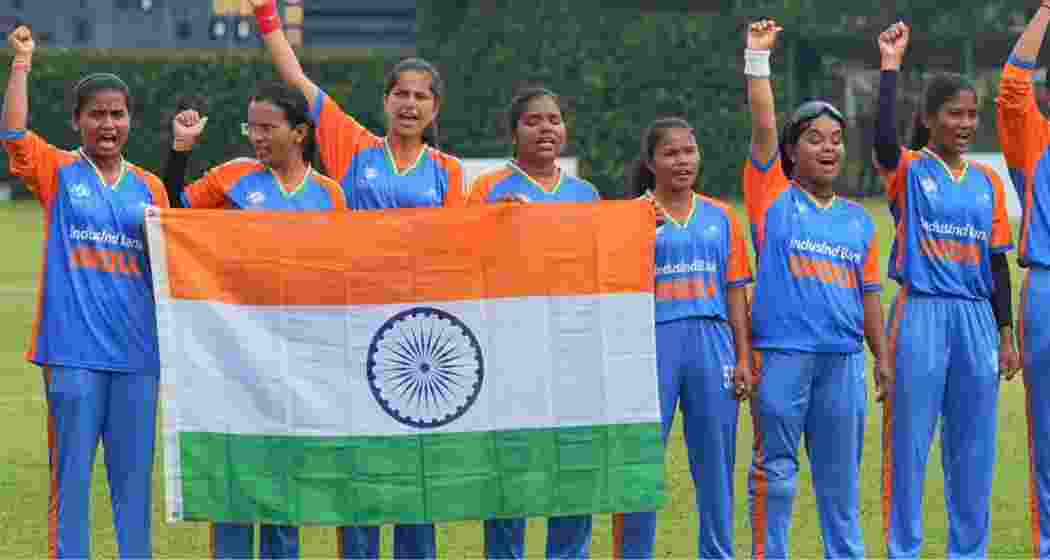 India’s blind women’s cricket team celebrates after beating Nepal by seven wickets in Colombo to win the inaugural T20 World Cup, powered by Phula Saren’s unbeaten 44. India’s blind women’s cricket team celebrates after beating Nepal by seven wickets in Colombo to win the inaugural T20 World Cup, powered by Phula Saren’s unbeaten 44.