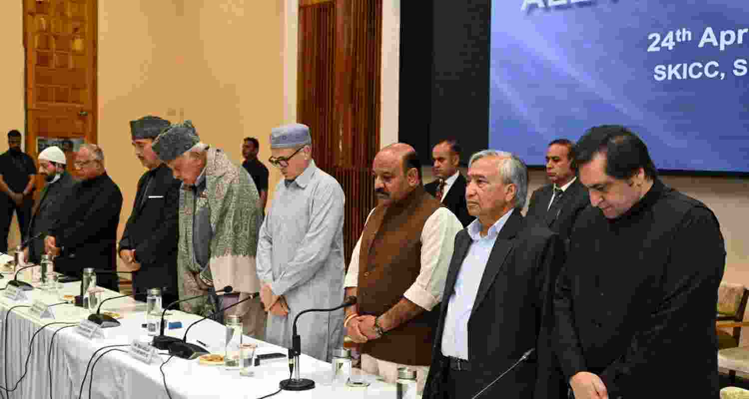 J&K Chief Minister Omar Abdullah with other leaders observes a two-minute silence to honour the victims of the Pahalgam terror attack during All-Party Meeting in Srinagar. J&K Chief Minister Omar Abdullah with other leaders observes a two-minute silence to honour the victims of the Pahalgam terror attack during All-Party Meeting in Srinagar.