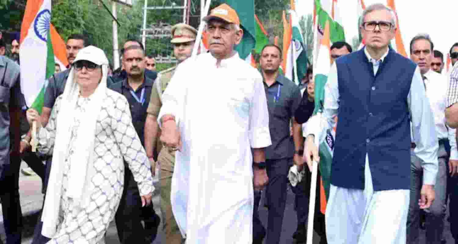J&K CM Omar Abdullah along with LG Manoj Sinha and others during Tiranga Yatra at Dal Lake. J&K CM Omar Abdullah along with LG Manoj Sinha and others during Tiranga Yatra at Dal Lake.