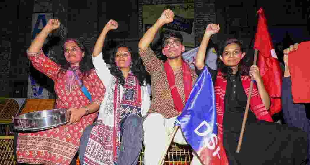 Aditi Mishra (President, SFI), K. Gopika (Vice-President, SFI), Sunil Yadav (General Secretary, DSF) and Danish Ali (Joint Secretary, AISA) celebrate their victory in the JNUSU elections, in New Delhi, Thursday. Aditi Mishra (President, SFI), K. Gopika (Vice-President, SFI), Sunil Yadav (General Secretary, DSF) and Danish Ali (Joint Secretary, AISA) celebrate their victory in the JNUSU elections, in New Delhi, Thursday.