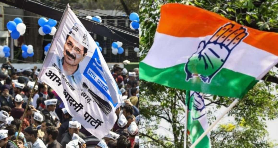Flags of the Aam Aadmi Party and Congress.  Flags of the Aam Aadmi Party and Congress.