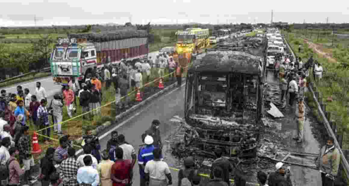 The bus, which was carrying 46 people, including two drivers, and was travelling from Hyderabad to Bengaluru, met with the ghastly accident near Chinnatekur village on the outskirts of Kurnool in the early morning of October 24. The bus, which was carrying 46 people, including two drivers, and was travelling from Hyderabad to Bengaluru, met with the ghastly accident near Chinnatekur village on the outskirts of Kurnool in the early morning of October 24.